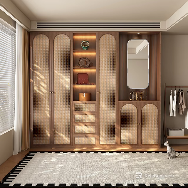 Modern Wooden Wardrobe with Rattan Doors Mirror Built in Shelves and Decorative Storage for Bedroom 3d model 