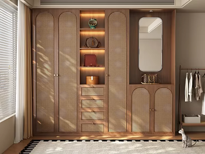Modern Wooden Wardrobe with Rattan Doors Mirror Built in Shelves and Decorative Storage for Bedroom 3d model