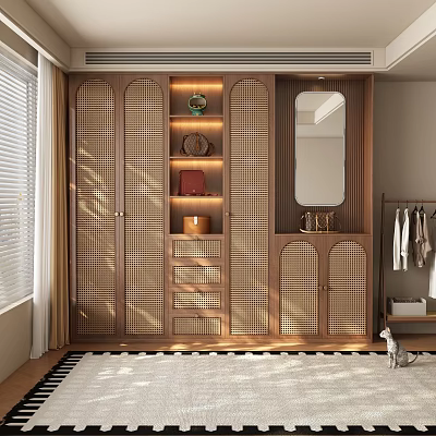 Modern Wooden Wardrobe with Rattan Doors Mirror Built in Shelves and Decorative Storage for Bedroom 3d model