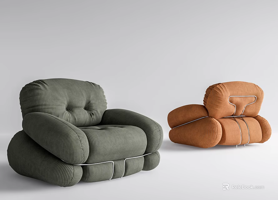 Modern Single Sofa With Green and Orange Plush Upholstery and Metal Accents 3d model 