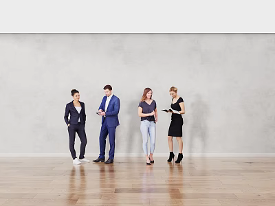 Group Of Four People Standing Together In Room With Wooden Floor And Gray Wall 3d model
