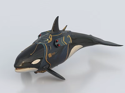 Futuristic Mechanical Orca Aquatic Animal Design With Black White Gold And Red Accents 3d model