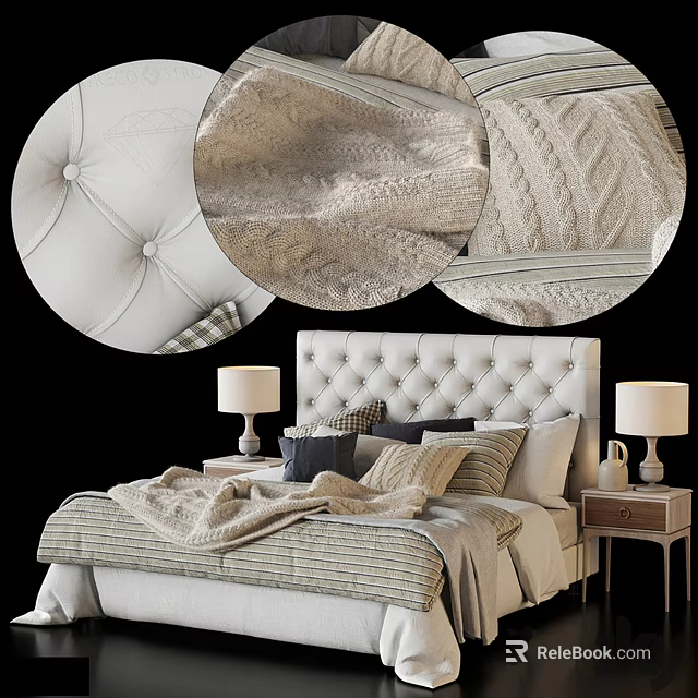 Elegant Double Bed Featuring Tufted Headboard Pillows Blanket And Nightstand Lamps 3d model 