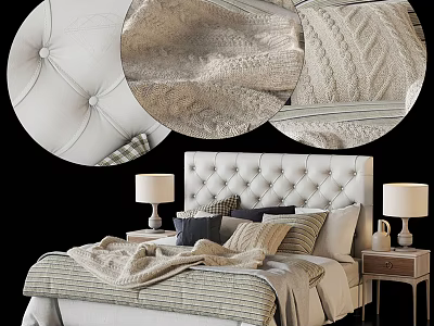 Elegant Double Bed Featuring Tufted Headboard Pillows Blanket And Nightstand Lamps 3d model
