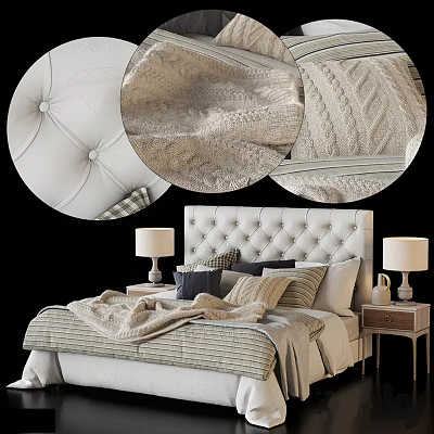 Elegant Double Bed Featuring Tufted Headboard Pillows Blanket And Nightstand Lamps 3d model