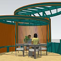 Circular Pavilion With Green Orange Frames Tables Chairs And People Sitting Inside 3d model