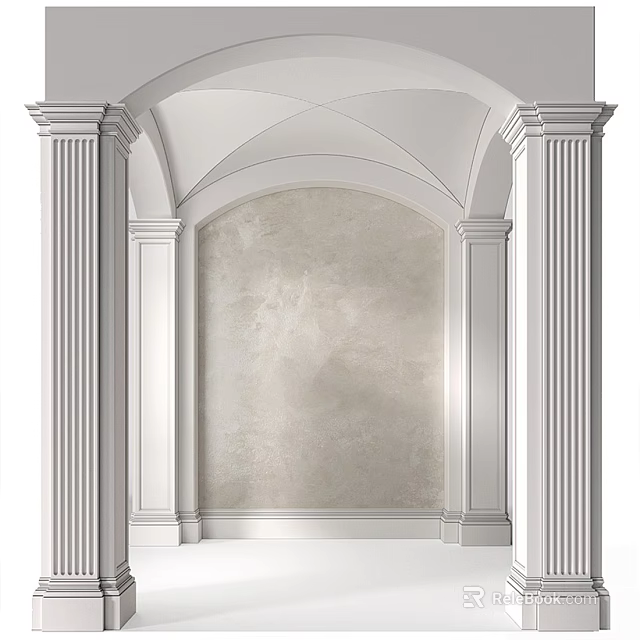 Elevator Hallway Interior With White Columns And Archway Plaster Wall Design 3d model 