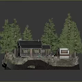 Cartoon Forest Scene With Log Cabin Tall Pine Trees Rocky Ground And Green Mat