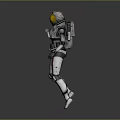 Biological Astronaut Character Walking In White Red Spacesuit With Yellow Helmet On Gray Background