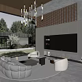 Modern Living Room Interior With Large Windows Garden View Chandelier TV Wall Fireplace And Sofa