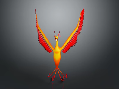 3D Model of Phoenix with Red and Yellow Spread Wings on Gray Background 3d model