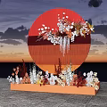 Window Display Decoration Featuring Red Circular Background Orange Base White Flowers And Sunset Sky 3d model