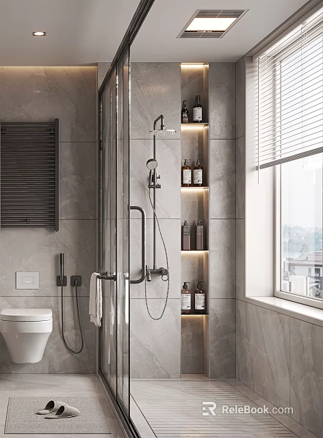 Modern Bathroom With Shower Fixtures Illuminated Shelves Tiled Walls Toilet And Window Blinds 3d model 