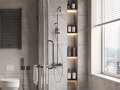 Modern Bathroom With Shower Fixtures Illuminated Shelves Tiled Walls Toilet And Window Blinds 3d model