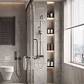 Modern Bathroom With Shower Fixtures Illuminated Shelves Tiled Walls Toilet And Window Blinds