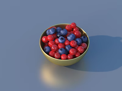 Fresh Red and Blue Berries Filled in a Golden Bowl on Blue Surface 3d model