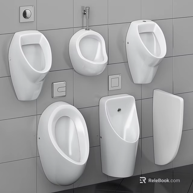 White Wall Mounted Urinals With Various Designs On Gray Tiled Background 3d model 