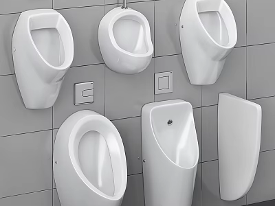 White Wall Mounted Urinals With Various Designs On Gray Tiled Background 3d model
