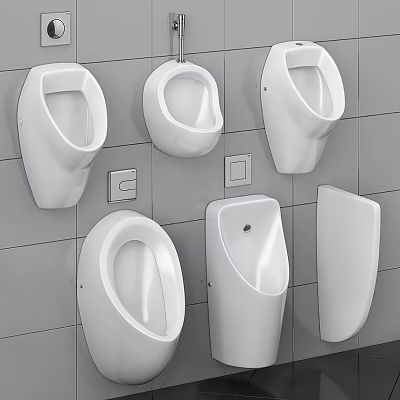 White Wall Mounted Urinals With Various Designs On Gray Tiled Background 3d model