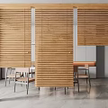 Natural Wood Window Blinds In Modern Dining Area Interior With Wooden Furniture