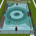 Outdoor Basketball Court With Blue Flooring Fence Lighting And Logo Design