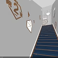 White Wall Corridor With Blue Carpeted Staircase Geometric Decorations And Number 2 Artworks