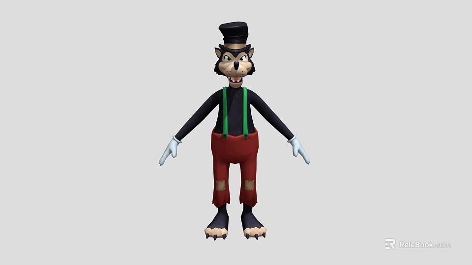 Cartoon Wolf Wearing Black Top Hat Green Suspenders Red Ripped Pants White Gloves Black Paws 3d model 