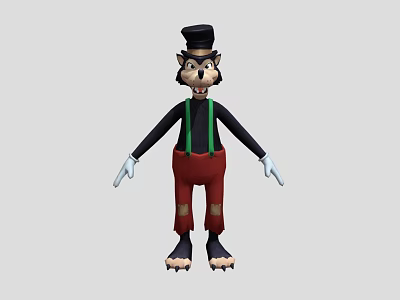 Cartoon Wolf Wearing Black Top Hat Green Suspenders Red Ripped Pants White Gloves Black Paws 3d model