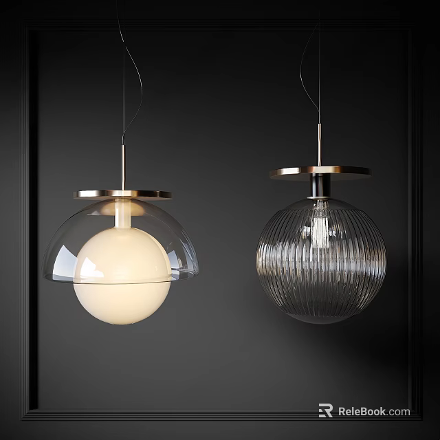 Modern Glass And Brass Spherical Ribbed Pendant Lights Against Dark Wall 3d model 