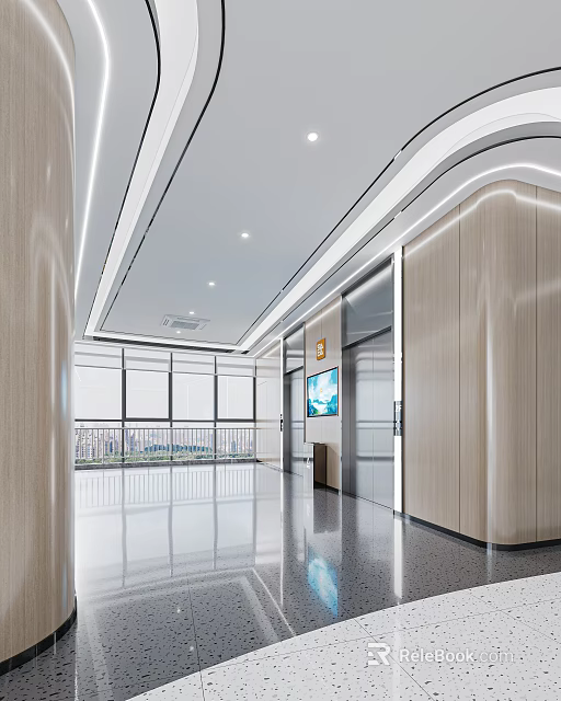 Contemporary Elevator Lobby Featuring Wooden Panels Glass Elevator Doors And Large Windows With City View 3d model 