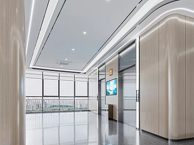 Contemporary Elevator Lobby Featuring Wooden Panels Glass Elevator Doors And Large Windows With City View 3d model