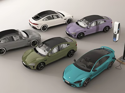 Electric Cars In Various Colors With Charging Equipment 3d model
