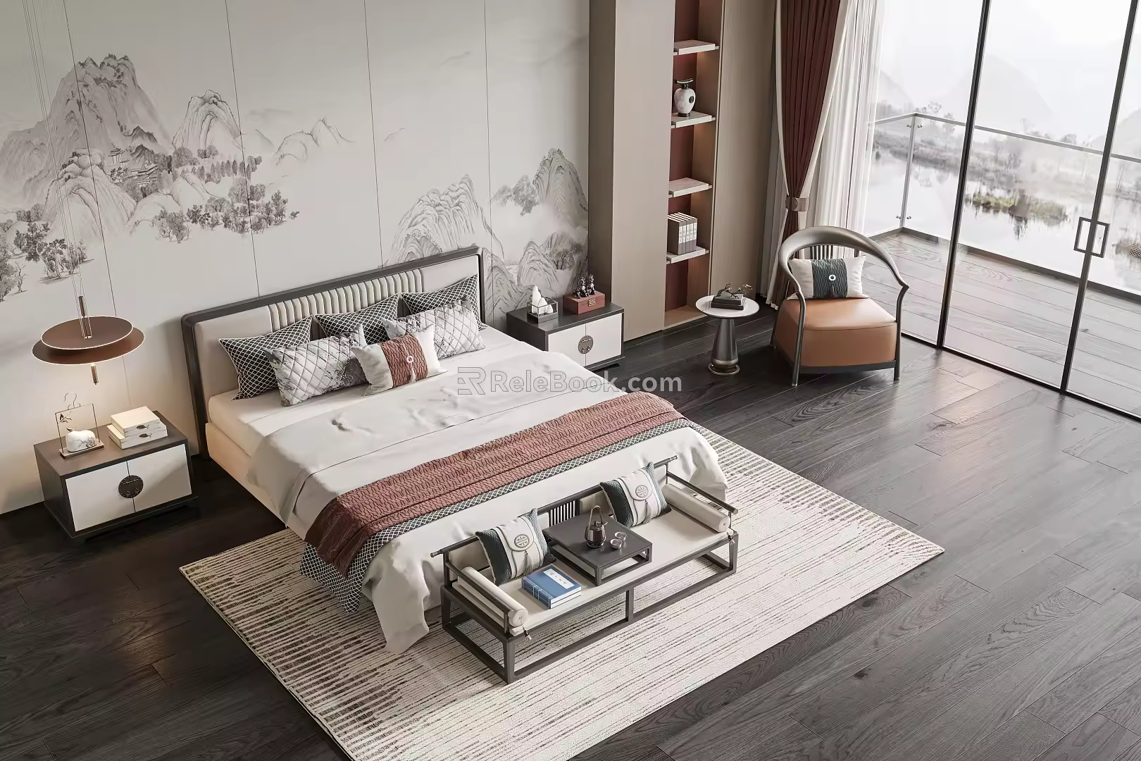 New Chinese background double bed 3d model