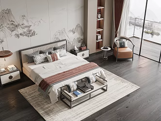 New Chinese background double bed 3d model