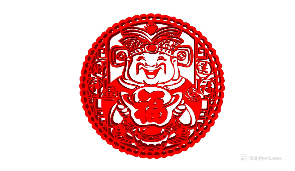 Red Circular Chinese Paper Cut Wall Decor with God of Wealth and Fortune Character Design 3d model 