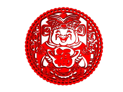 Red Circular Chinese Paper Cut Wall Decor with God of Wealth and Fortune Character Design 3d model