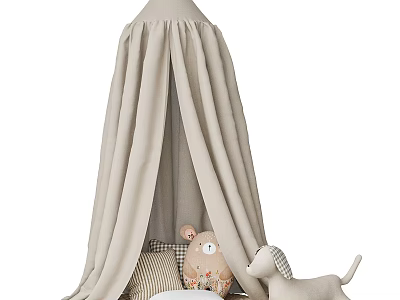 Cozy Beige Canopy Baby Crib With Stuffed Toys And Striped Pillows 3d model