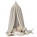 Cozy Beige Canopy Baby Crib With Stuffed Toys And Striped Pillows