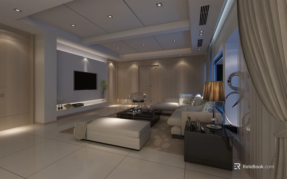 Modern White Living Room Interior Design With TV Wall Sofa And Coffee Table 3d model 