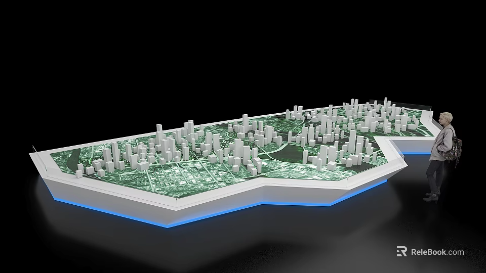 City Planning Sand Table Featuring White Building Models Green Area And Blue Illuminated Edge 3d model 