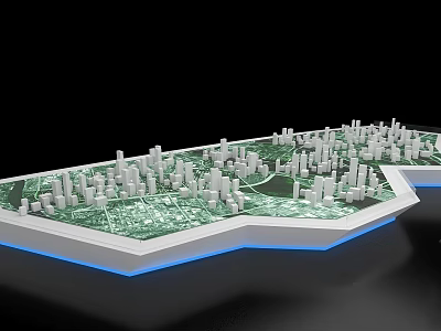 City Planning Sand Table Featuring White Building Models Green Area And Blue Illuminated Edge 3d model