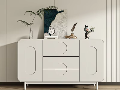 Modern White Entryway Cabinet Sideboard With Green Plant Painting Clock And Decorative Figurine 3d model