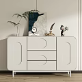 Modern White Entryway Cabinet Sideboard With Green Plant Painting Clock And Decorative Figurine