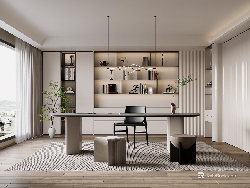 Modern Study Room Interior With Wooden Desk Bookshelves Pendant Lights And Decorative Plant 3d model 