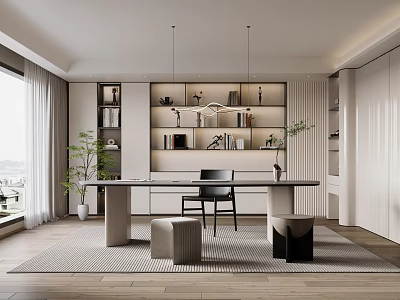 Modern Study Room Interior With Wooden Desk Bookshelves Pendant Lights And Decorative Plant 3d model