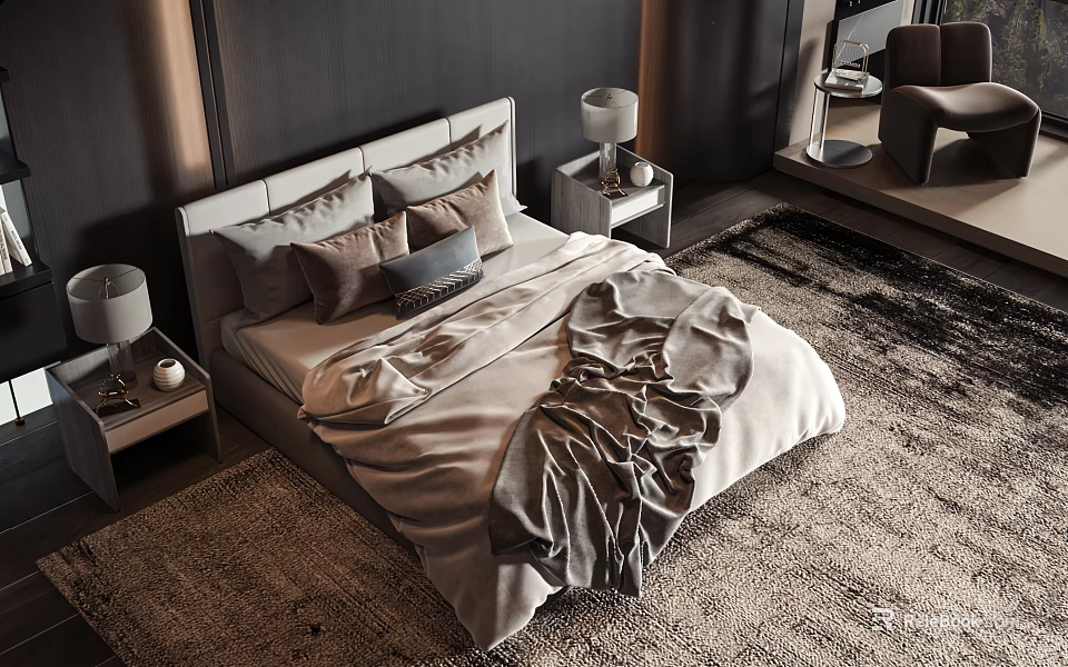 Modern Double Bed Bedroom Interior With Nightstands Table Lamps Area Rug And Pillows 3d model 