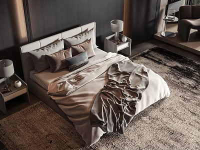 Modern Double Bed Bedroom Interior With Nightstands Table Lamps Area Rug And Pillows 3d model
