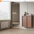Modern Room Interior With Brown Wall Cabinet Window Blinds Mirror Pendant Light And Table Lamp