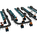 Industrial Equipment Automated Production Line Featuring Conveyor Belts And Robotic Arms