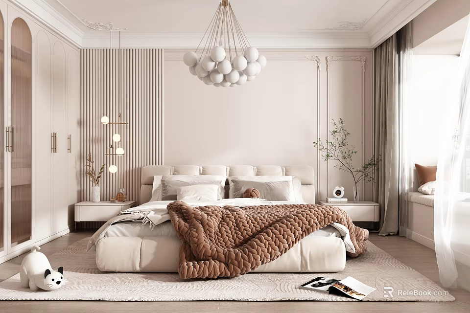 Modern Bedroom Interior Design With Spherical Chandelier King Bed Area Rug And Green Plant 3d model 